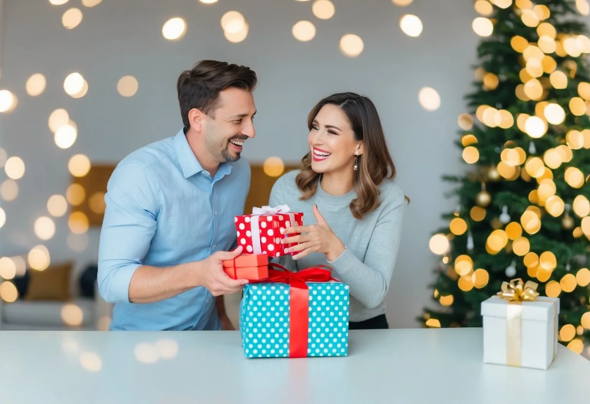En mand overrasker sin kone med en gave fra fistodk da hun åbner en smukt indpakket gave med et glædeligt smil